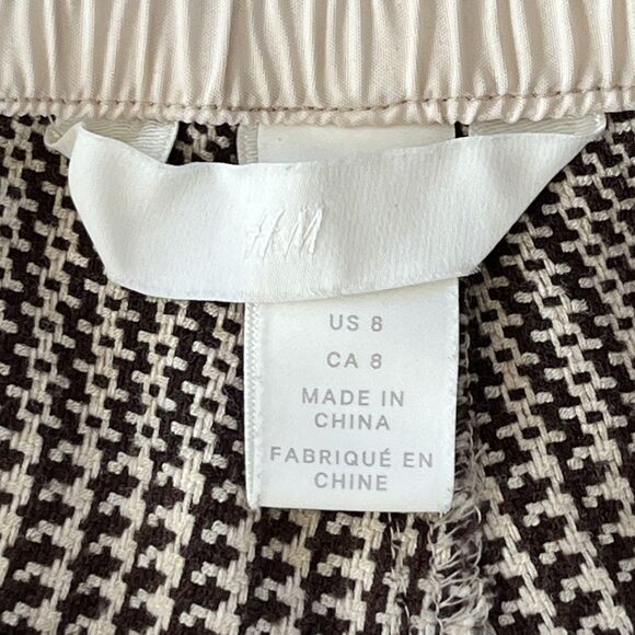H&M Cream Brown Plaid Wide Leg Elastic Waist Dress Pants Women Size 8 - Picture 6 of 11